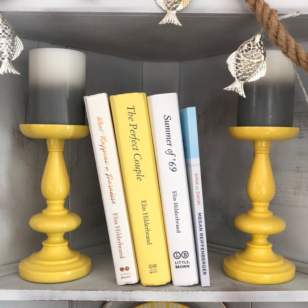 CANDLES + YELLOW CANDLE HOLDERS